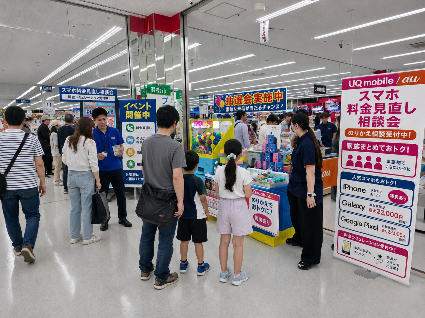 家電量販店で親子連れのお客様が参加する通信イベントの開催風景