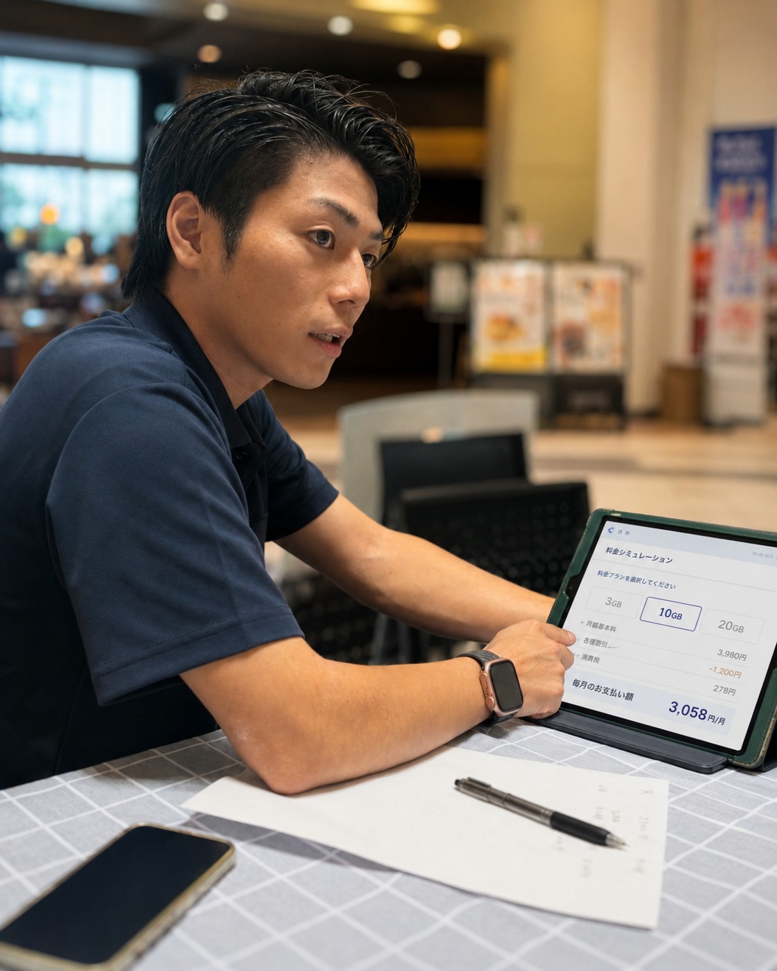料金シミュレーションを表示したタブレットでお客様へご案内する営業スタッフ